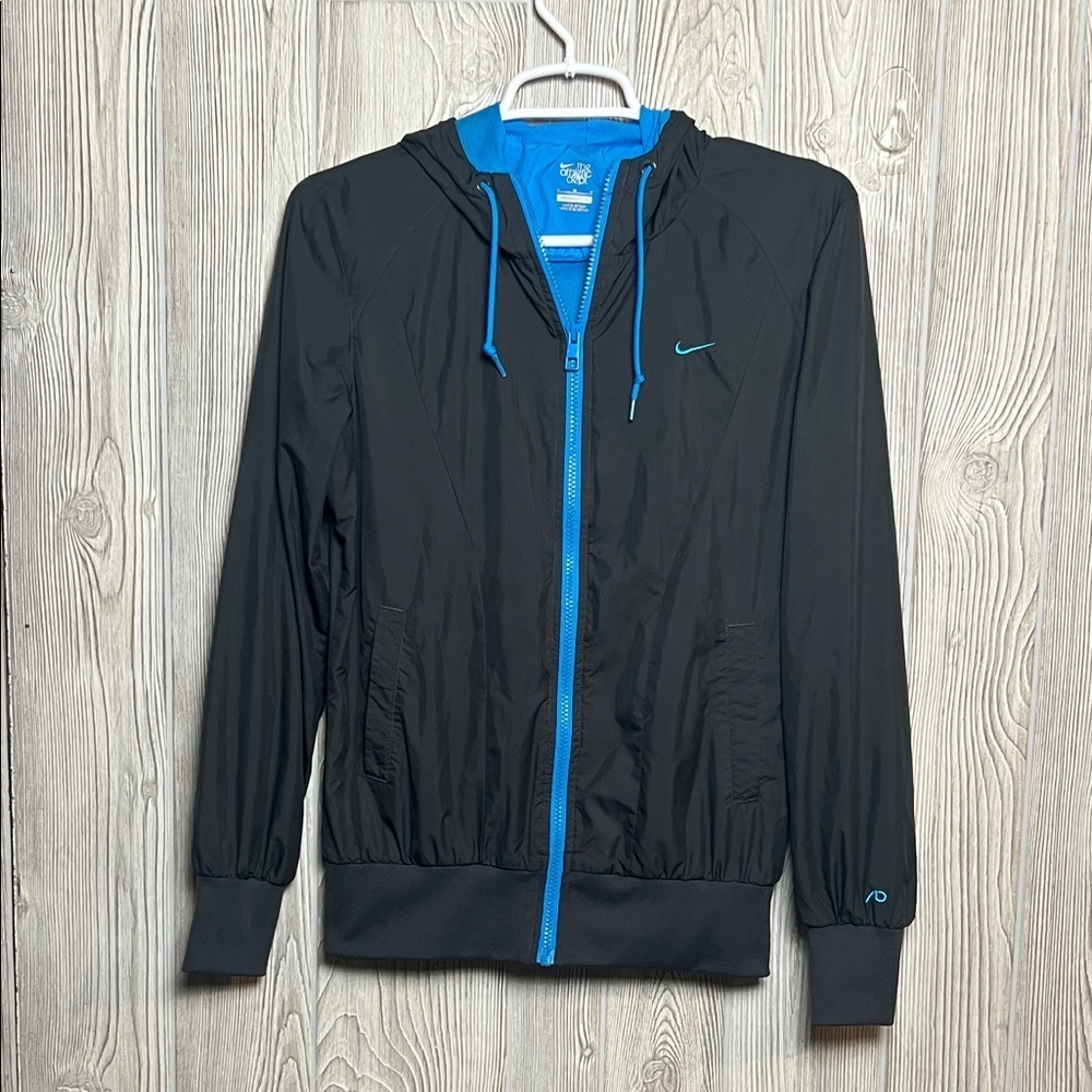 NIKE Athletic Dept Black & Blue Hooded Windbreaker Jacket Size M